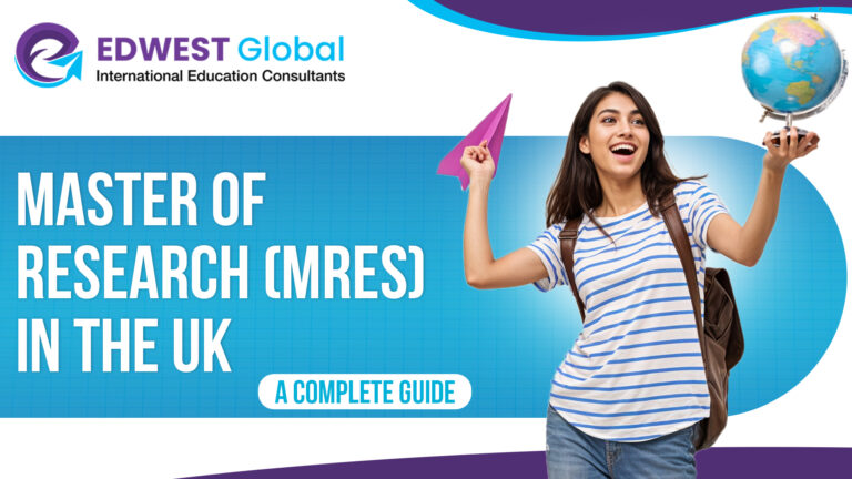 A promotional banner for Edwest Global showing "MASTER OF RESEARCH (MRES) IN THE UK: A COMPLETE GUIDE" with the company logo. Features a smiling student holding a globe and paper airplane against a blue background with purple accents.