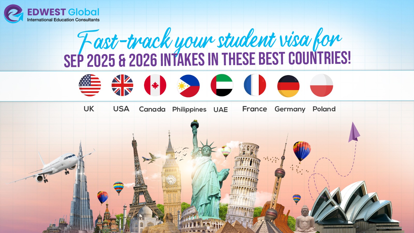 Fast-track your student visa for SEP 2025 & 2026 INTAKES IN THESE BEST COUNTRIES!" It displays flags and country names for the UK, USA, Canada, Philippines, UAE, France, Germany, and Poland. Below, a collage of famous landmarks from these countries is shown, including the Eiffel Tower, Big Ben, Statue of Liberty, Leaning Tower of Pisa, and more. An airplane and hot air balloons are also depicted. The EdWest Global logo and website are visible at the top.